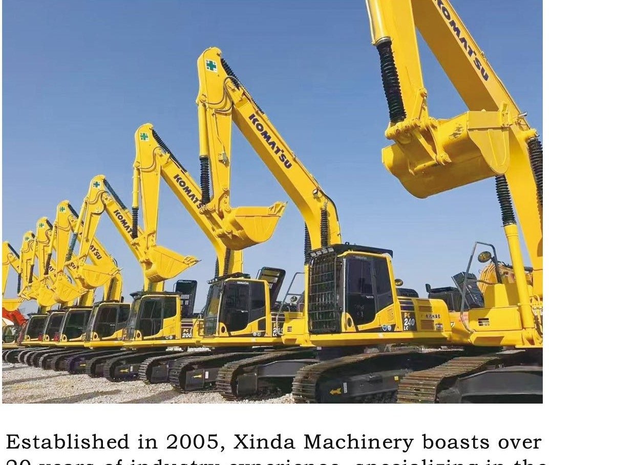 Row of inspected Komatsu excavators ready for export
